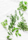 Assortment of aromatic garden herbs on a light background-tarragon, thyme, oregano, basil, sage, mint. Healthy ingredients, top vi
