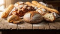 An assortment of artisan breads is arranged on a rustic wooden table Royalty Free Stock Photo