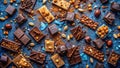 An assortment of artisan chocolates with various nuts and spices on a dark blue background. Generative AI Royalty Free Stock Photo