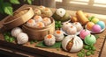 Assortment of asian dim sum and spring rolls presented on a rustic wooden table surface Royalty Free Stock Photo