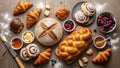 Assortment of assorted pastries and breads on a wooden table Royalty Free Stock Photo