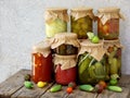 Assortment autumn preserves. Jars of pickled vegetables and jam. Royalty Free Stock Photo