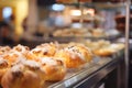 Assortment of baked pastries and buns at the bakery store Royalty Free Stock Photo