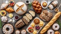 An assortment of bakery items is displayed on a wooden surface Royalty Free Stock Photo