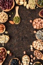 Assortment of beans and lentils in wooden spoon