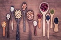 Assortment of beans and lentils in wooden spoon on teak wood background. mung bean, groundnut, soybean, red kidney bean , black b Royalty Free Stock Photo