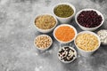 Assortment of beans red lentil, green lentil, chickpea, peas, r Royalty Free Stock Photo