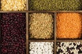 Assortment of beans red lentil, green lentil, chickpea, peas, r Royalty Free Stock Photo