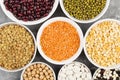 Assortment of beans red lentil, green lentil, chickpea, peas, r Royalty Free Stock Photo