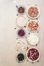 Assortment of beans on a stone background. Crimson cranberry, red, painted pony, black turtle, brown, black-eyed, Jacob`s Cattle Royalty Free Stock Photo