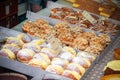 An assortment of berliners, German doughnuts, on display at Broadway Market in East London