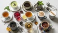 Different types including matcha black tea herbal infusions and Royalty Free Stock Photo