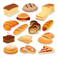 Assortment of bread and flour products, pastries, bakery goods. Big cartoon vector set. Royalty Free Stock Photo