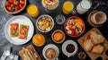 Assortment of breakfast items on a dark marble table Royalty Free Stock Photo