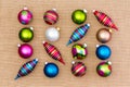 Assortment of bright colorful Christmas ornaments