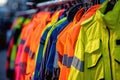 Assortment of bright high-visibility jackets on display Royalty Free Stock Photo