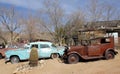 Assortment of cactus in front of vintage building, HackBerry, Arizona