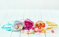 Assortment of candies in three bags over a table Royalty Free Stock Photo