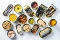 Assortment of canned preserves  food in cans. On white rustic background conserve Saury, mackerel, sprats, sardines, pilchard, Royalty Free Stock Photo