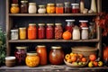 Assortment of canned preserves. A rustic pantry with shelves stocked with jams and jars filled with autumn fruits