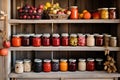 Assortment of canned preserves. A rustic pantry with shelves stocked with jams and jars filled with autumn fruits