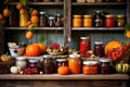 Assortment of canned preserves. A rustic pantry with shelves stocked with jams and jars filled with autumn fruits