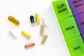 Vitamins on white background with pill colorful pill case
