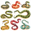 Assortment cartoon snakes, various colors patterns, coiling slithering positions. Brightly colored