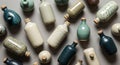 An assortment of ceramic bottles with cork stoppers is arranged haphazardly on a flat Royalty Free Stock Photo