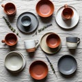 An assortment of ceramic tableware is arranged on a textured fabric surface. The collection Royalty Free Stock Photo