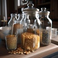 Assortment of cereals in glass jars in the kitchen. AI generative