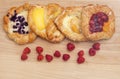 Assortment of cheese danishes puff pastry with blackberries, vanAssortment of cheese danishes puff pastry with blackberries, vanil