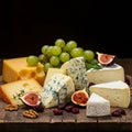 An assortment of cheeses is artfully arranged on a rustic wooden surface. Different Royalty Free Stock Photo