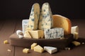 Assortment of cheeses. Different sorts of cheese. Various kinds of cheeses on dark wooden background. Generative AI