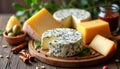 Assortment of cheeses displayed on wooden board. Different types of cheese. Blue cheese, yellow cheese, varieties. Presentation