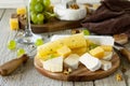 Assortment of cheeses, wine glass and nuts. Royalty Free Stock Photo