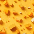 Assortment cheeses on yellow background. Different kinds of delicious cheese. Healthy food concept. Vegan and vegetarian