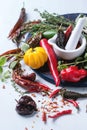 Assortment of chili peppers and herbs Royalty Free Stock Photo