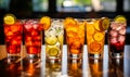 Assortment of chilled beverages with citrus garnishes in highball glasses reflecting a vibrant collection of refreshing mixed