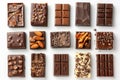 An Assortment of Chocolate Bars, Cocoa Nibs, and Chocolate Pieces on a White Surface Royalty Free Stock Photo