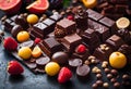 Assortment of chocolate candies with fruit and nuts on black background, closeup Royalty Free Stock Photo