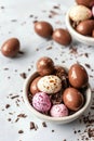 Assortment of chocolate eggs in a bowl, sprinkled with chocolate shavings, sets a cozy Easter scene on a white Royalty Free Stock Photo