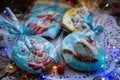 Assortment of Christmas cookies on openwork napkin. Round gingerbread cookies with deer