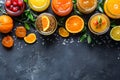 Assortment of citrus jams in jars, with fresh oranges and lemons. Top view