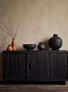 An assortment of clay vases of various shapes and shades of brown on a dark wooden sideboard against a light beige wall