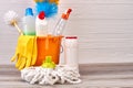 Assortment of cleaning items in bucket. Royalty Free Stock Photo