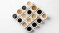 Assortment of Coffee and Milk Beverages in White Cups, Top View Royalty Free Stock Photo