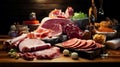 Assortment of cold meats, variety of processed cold meat products. On a wooden background. Top view