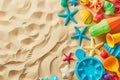 Kids' colorful beach toys scattered on sandy shore