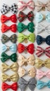 An assortment of colorful bow ties arranged in rows. The ties display various patterns Royalty Free Stock Photo